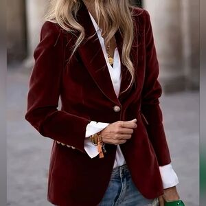 Office Elegant Burgundy Velvet 5 Button Cuffed Blazer